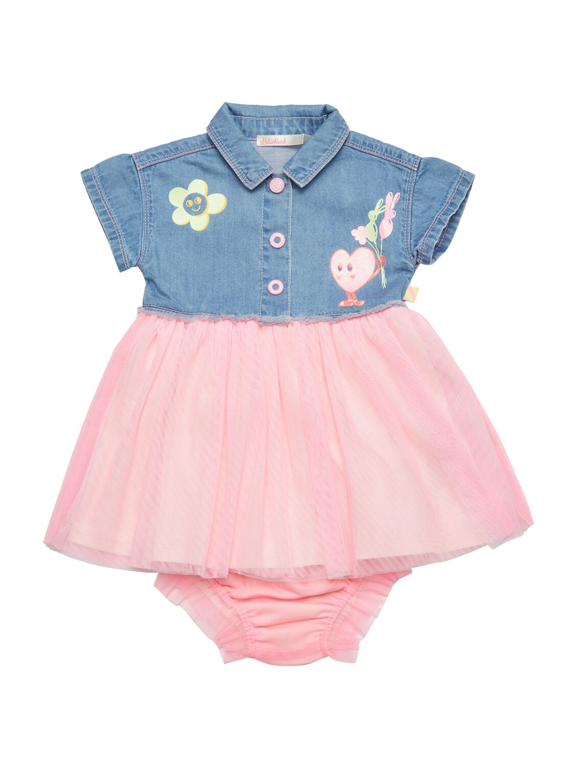 Billieblush Kids' Cotton & Tulle Dress W/diaper Cover In Blue,fuchsia