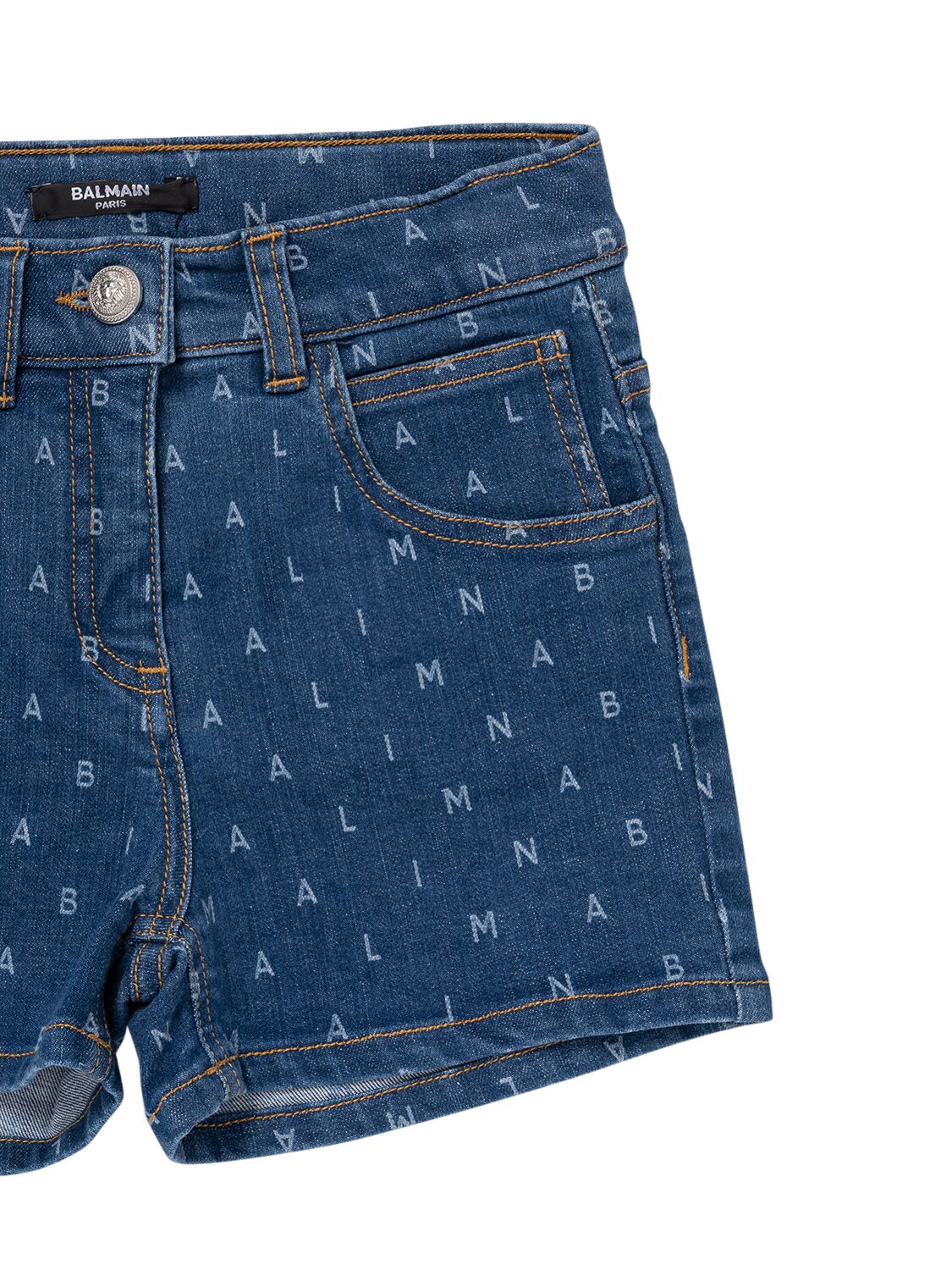Shop Balmain Logo Print Cotton Denim Shorts In Blue