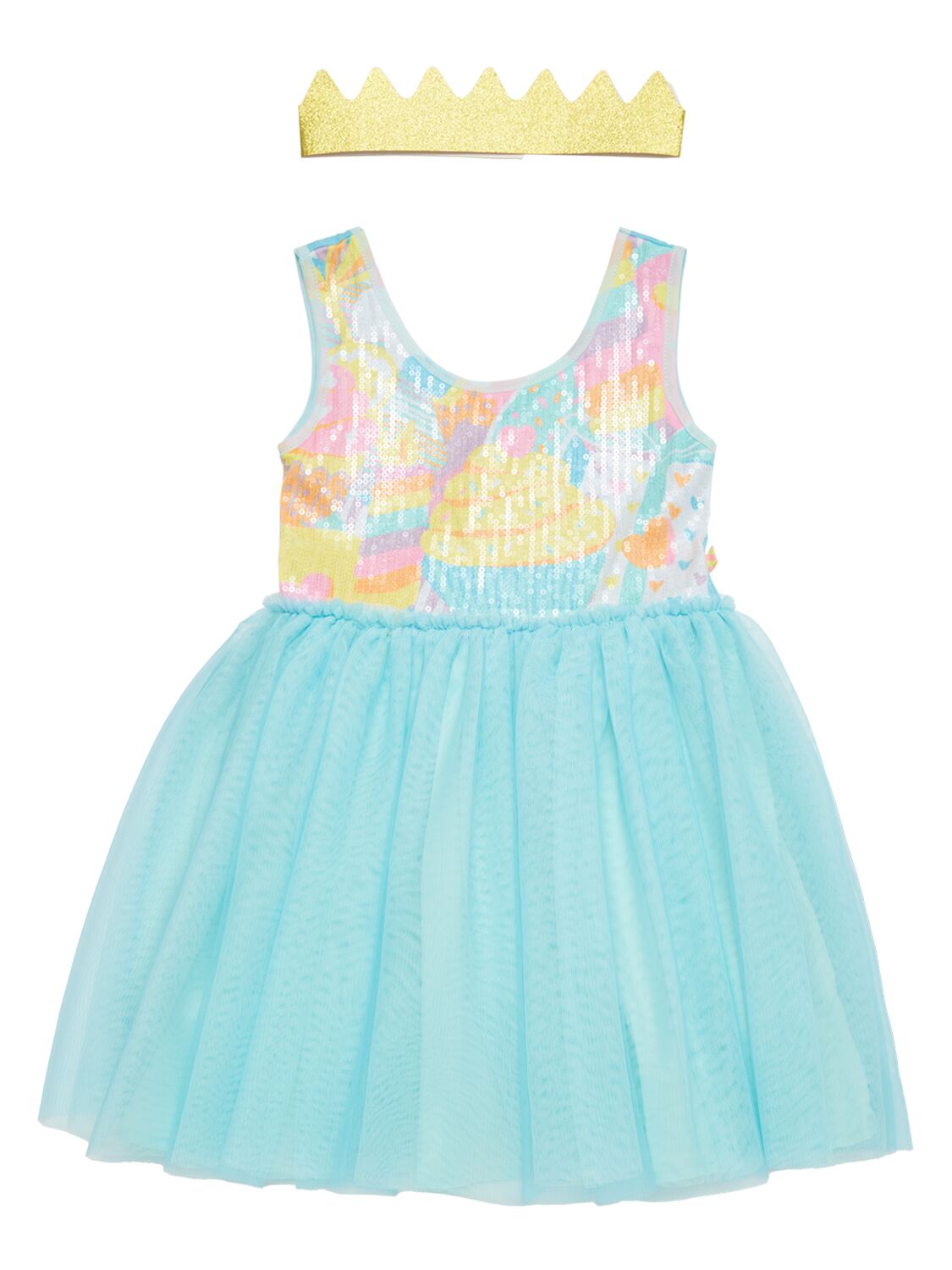 Billieblush Kids' Sequined Tulle Dress W/ Glittered Crown In Blue Leave