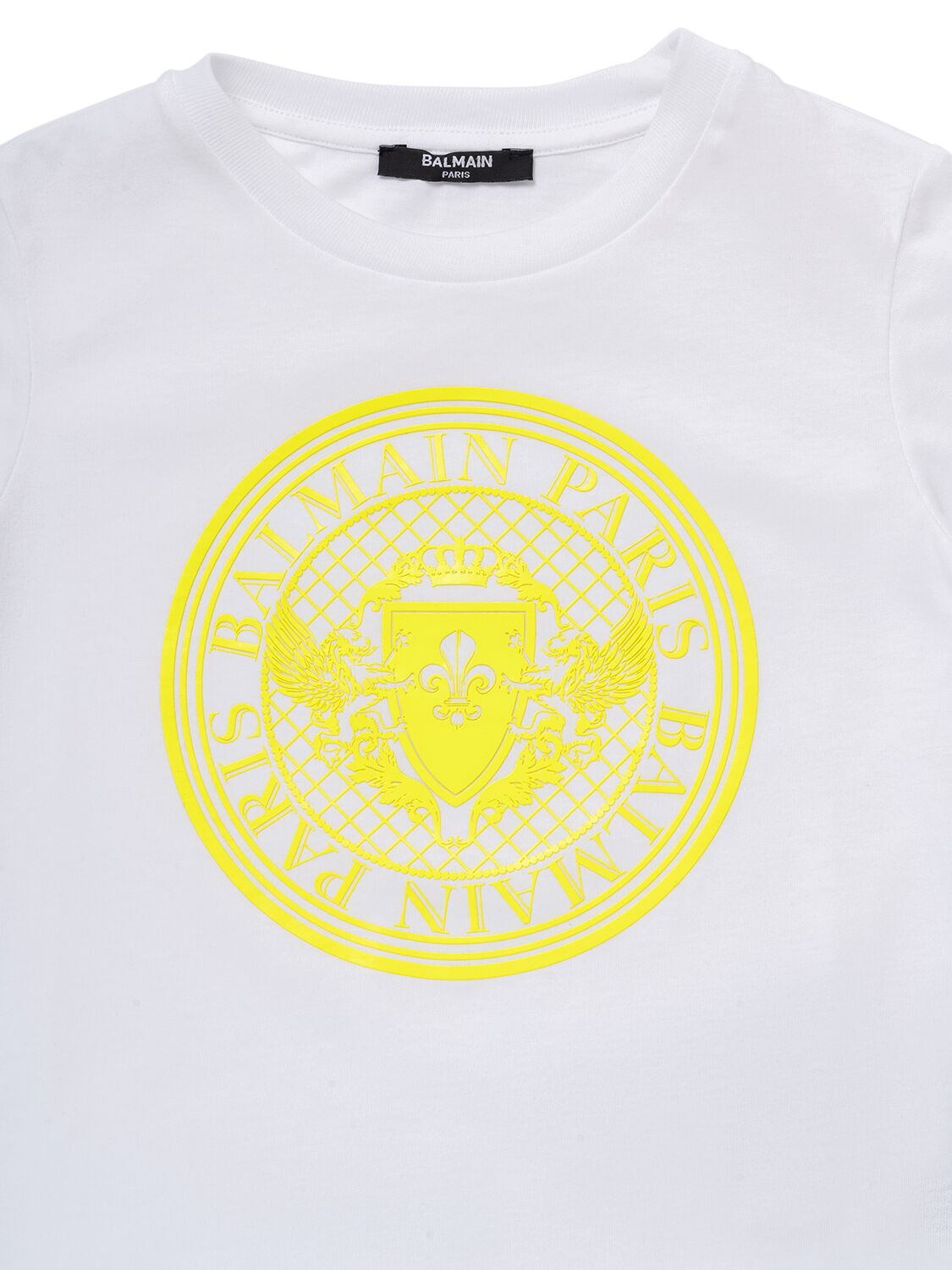 Shop Balmain Printed Cotton Jersey T-shirt In White,yellow