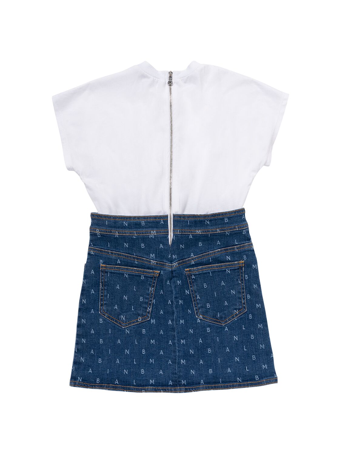 Shop Balmain Cotton Jersey & Denim Dress In Blue,white
