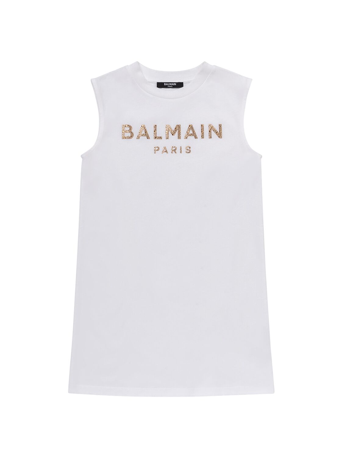 Balmain Kids' Embellished Logo Cotton Jersey Dress In White,gold