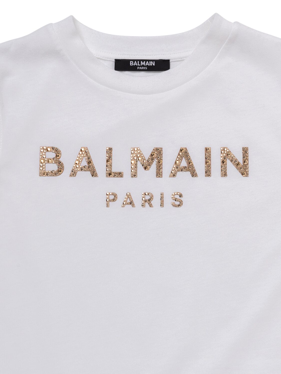 Shop Balmain Embellished Logo Cotton Jersey Dress In White,gold