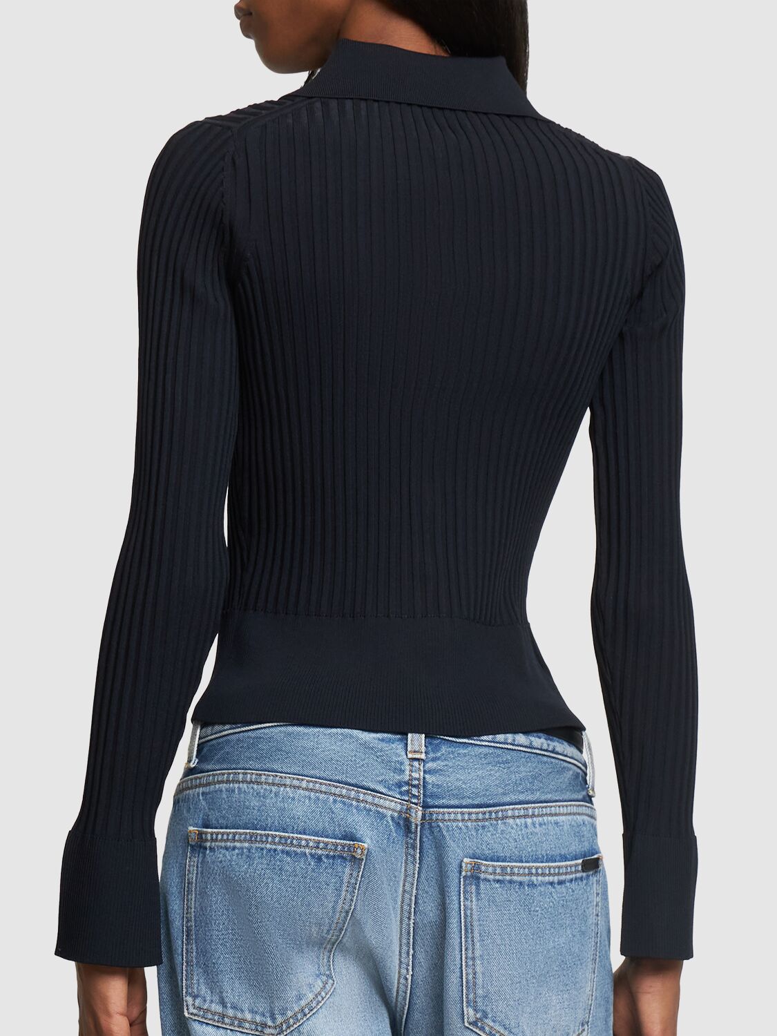 Shop Proenza Schouler Ribbed Knit Viscose Blend Polo Cardigan In Navy