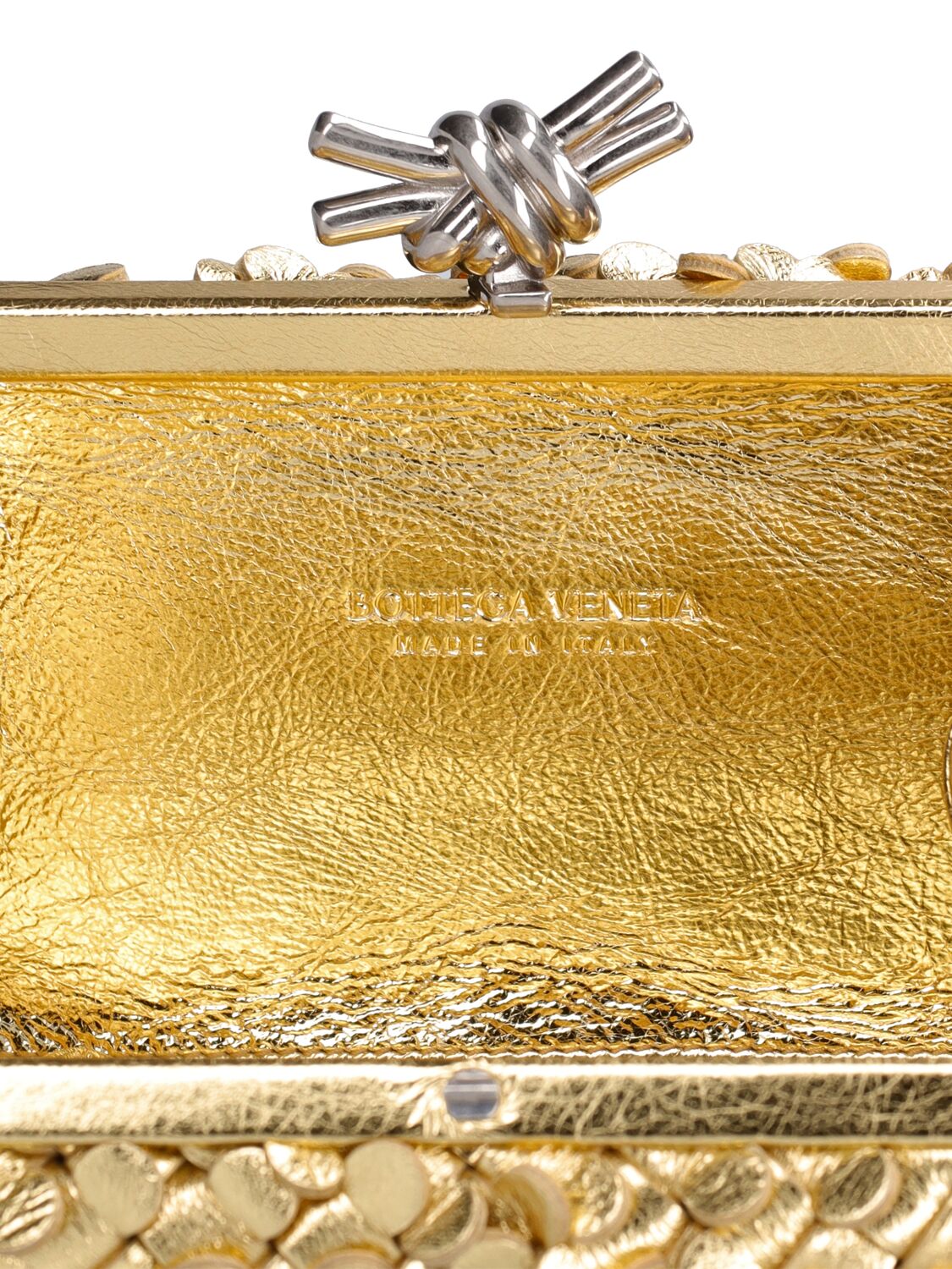 Shop Bottega Veneta Knot Leather Clutch In Gold