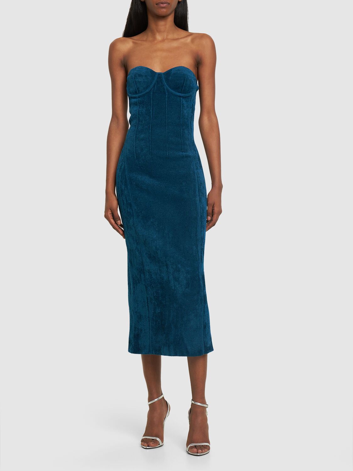 Shop Galvan Titania Compact Velvet Knit Midi Dress In Blue