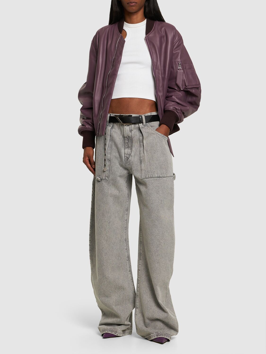 Shop Attico Effie Denim Wide Jeans In Light Grey