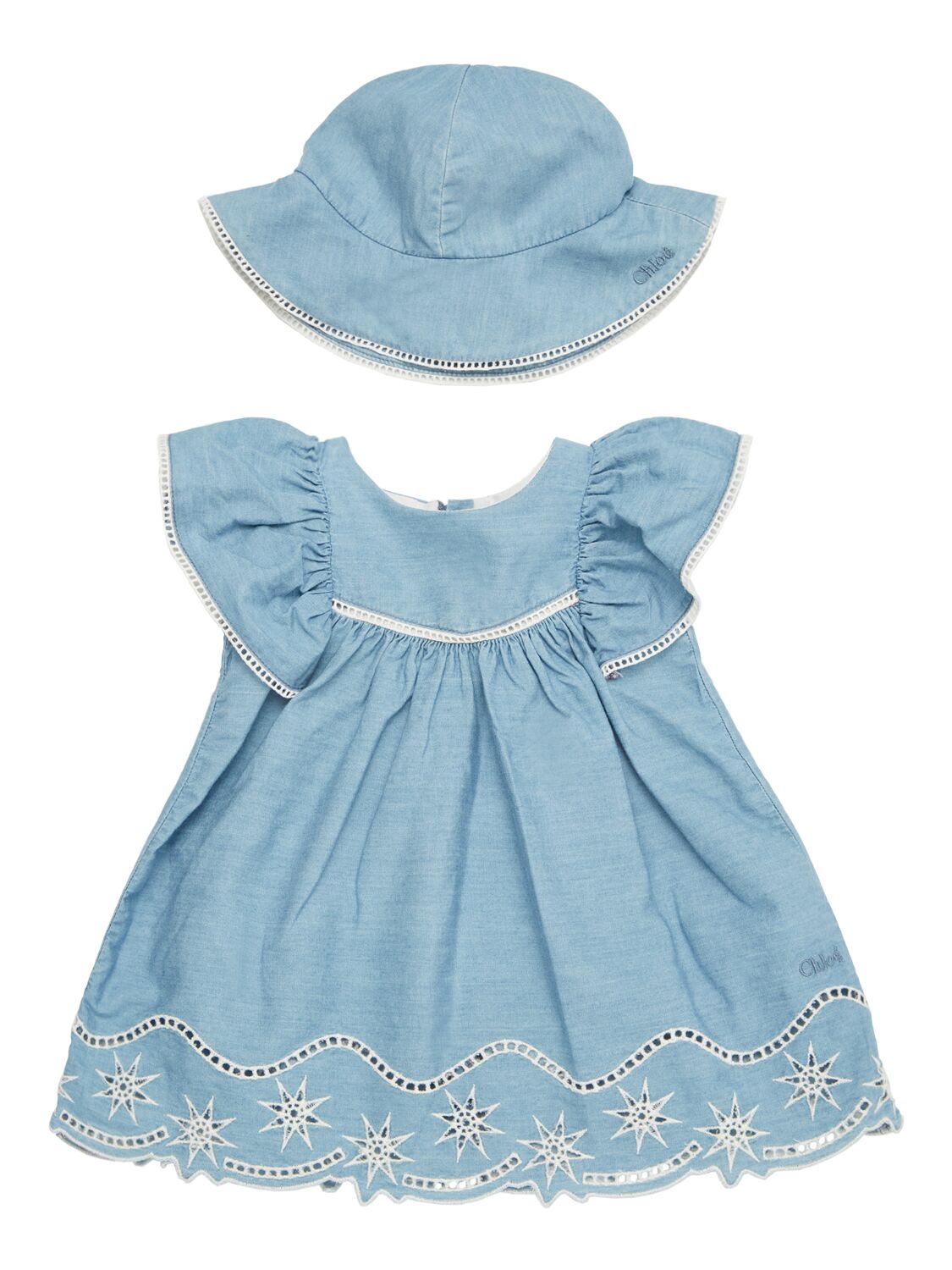 Chloé Babies' 棉质青年布连衣裙&帽子 In Light Blue