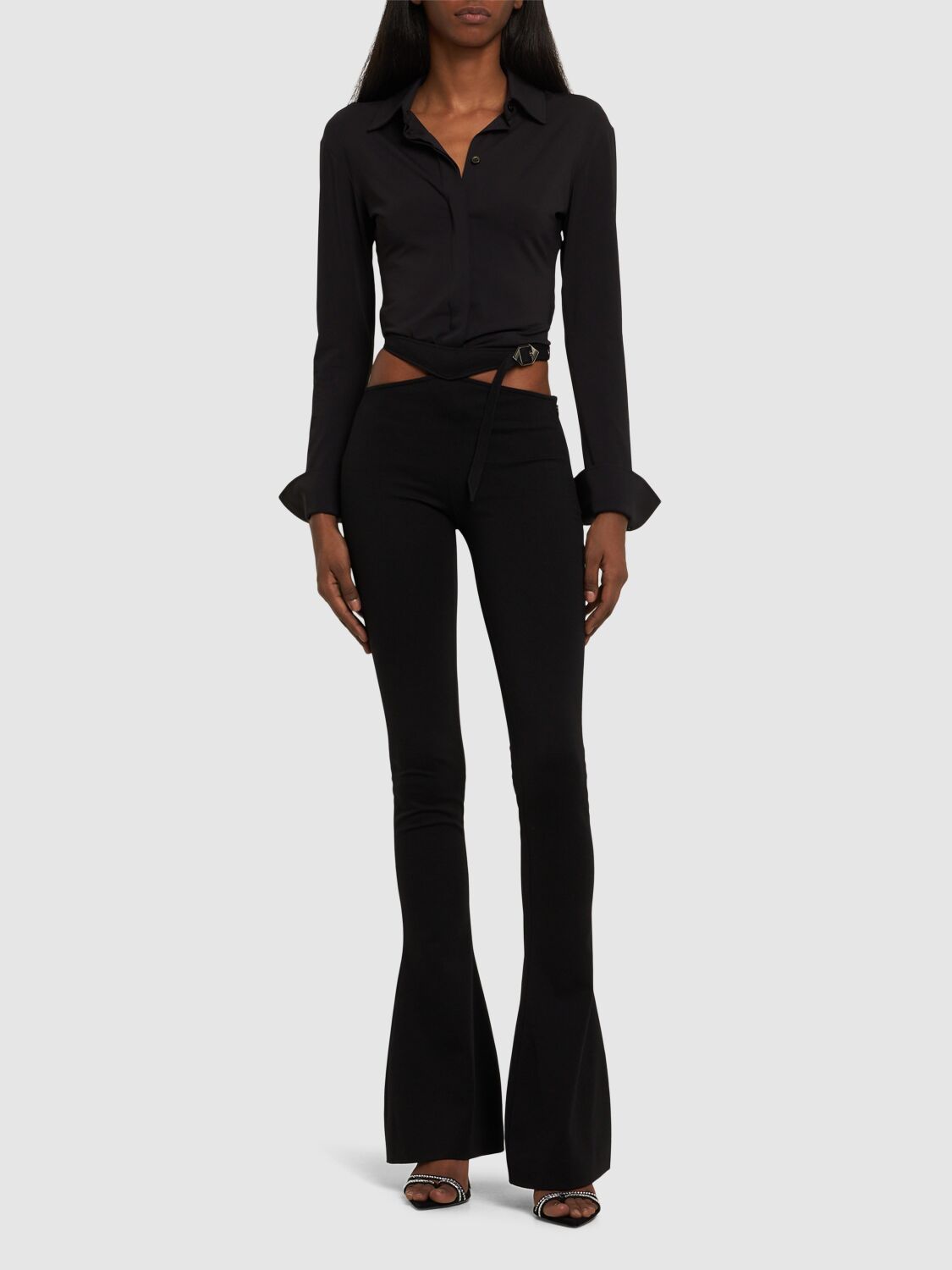Shop Attico Compact Tech Jersey Cutout Flared Pants In Black