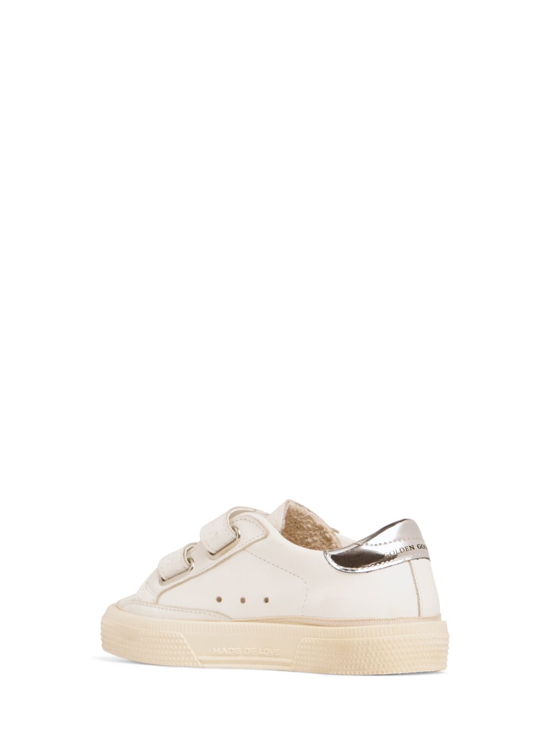 Shop Golden Goose May School Leather Strap Sneakers In White,silver
