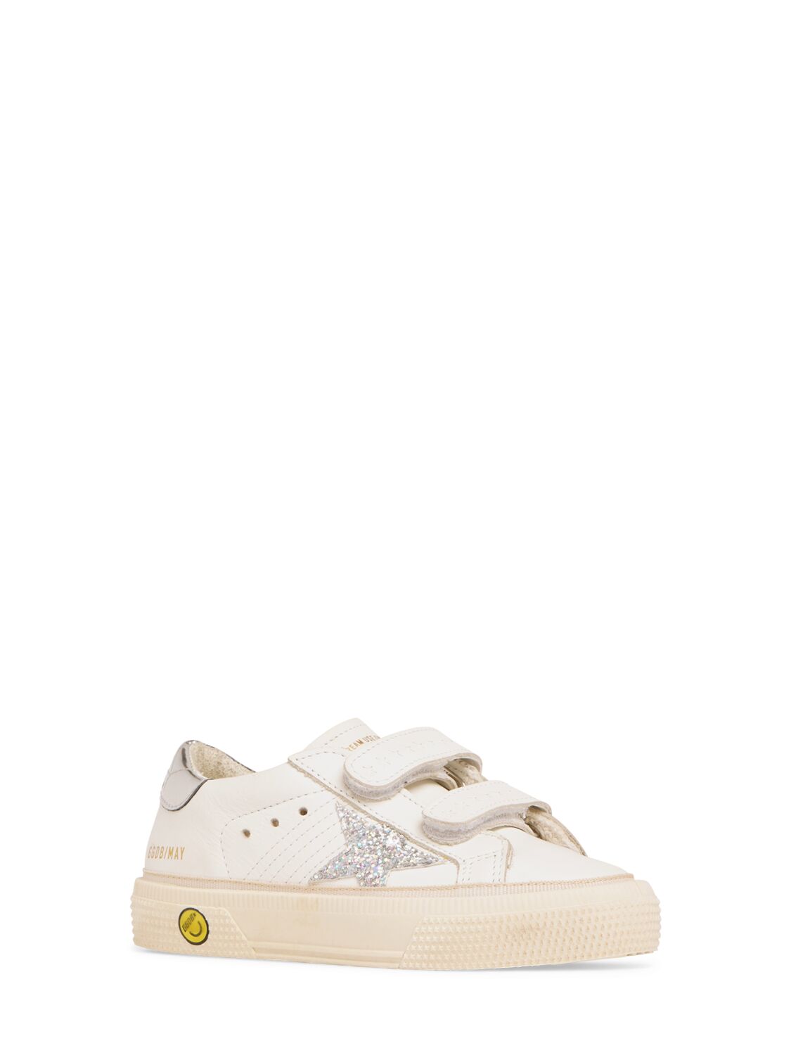 Shop Golden Goose May School Leather Strap Sneakers In White,silver