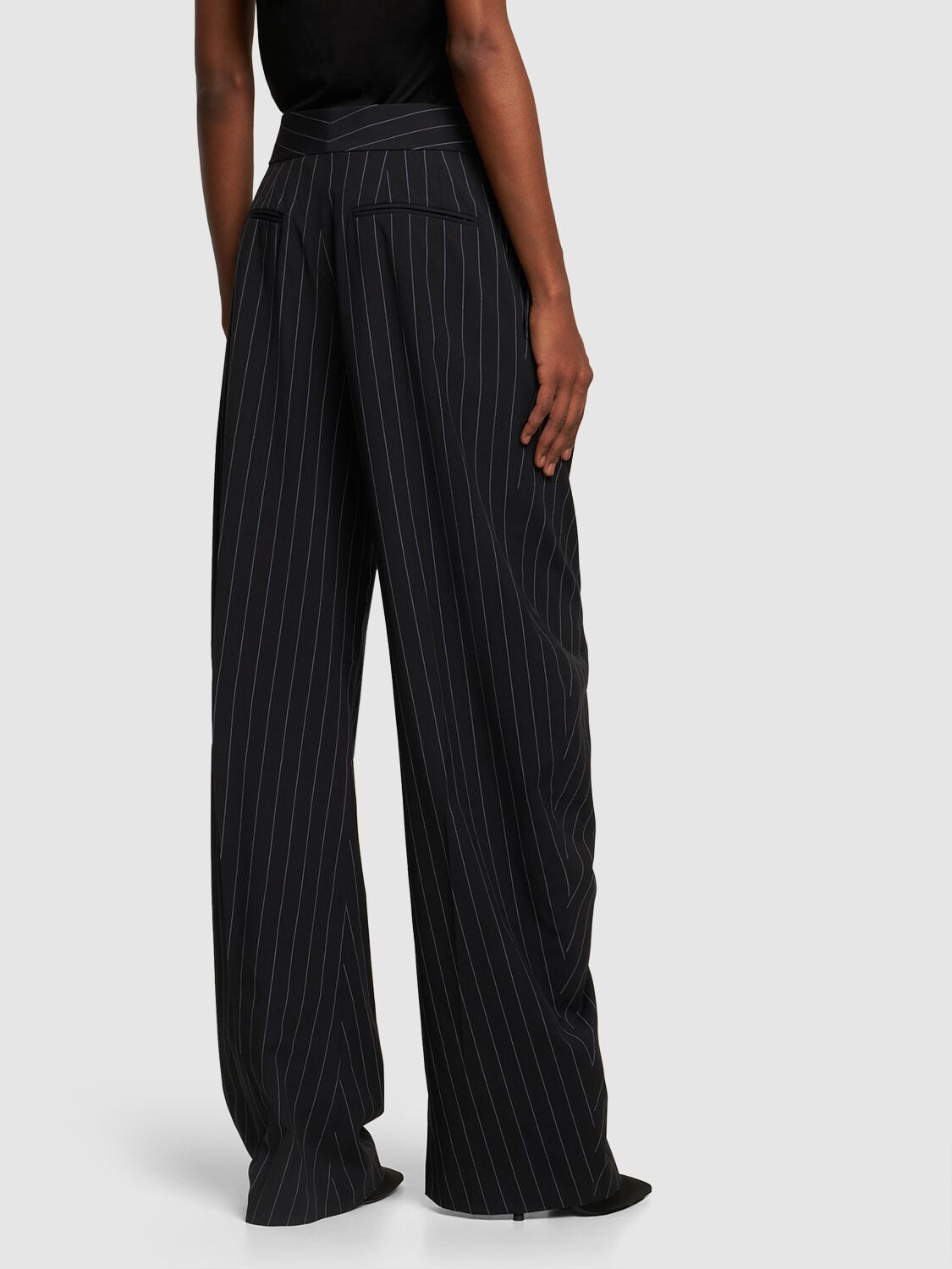 Shop Attico Gary Pinstriped Wool Wide Pants In Navy