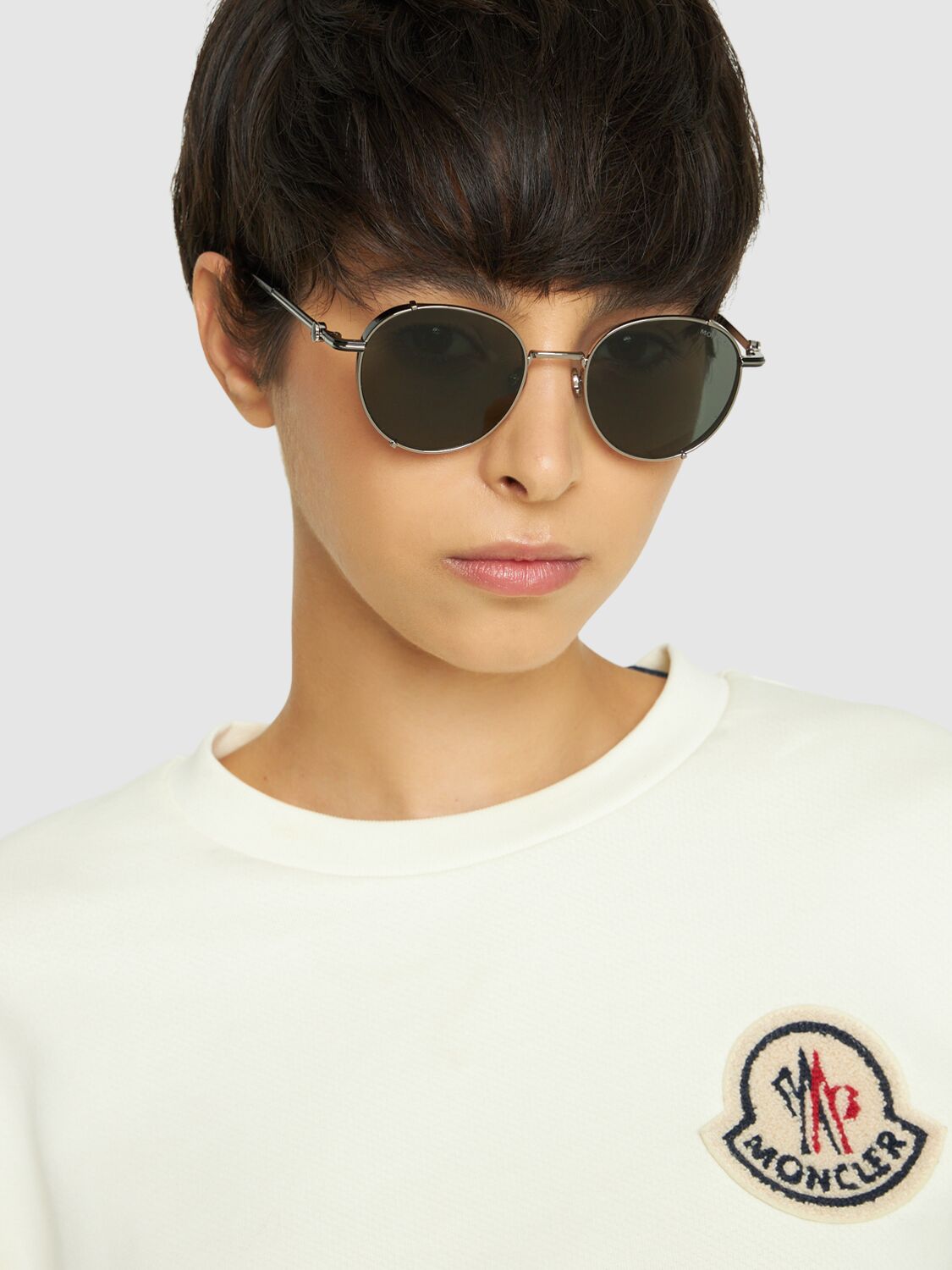 Shop Moncler Round Metal Sunglasses In Light Ruthenium