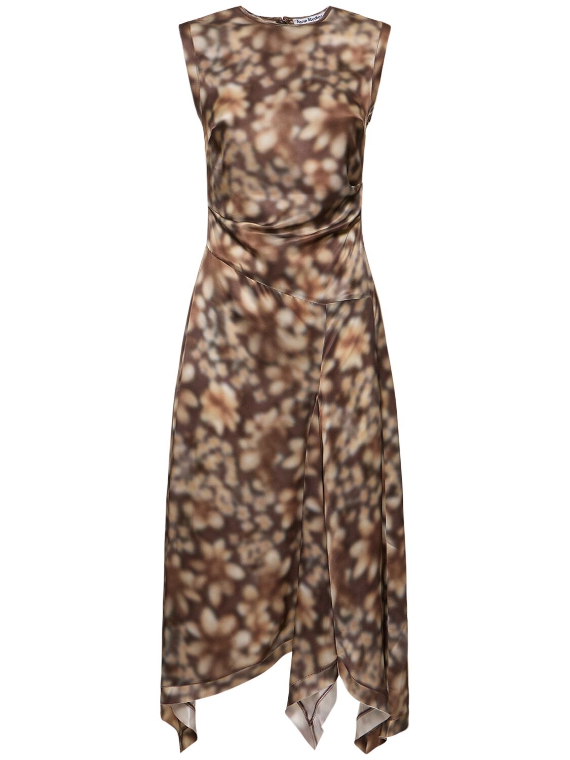 Shop Acne Studios Printed Satin Sleeveless Midi Dress In Brown,beige