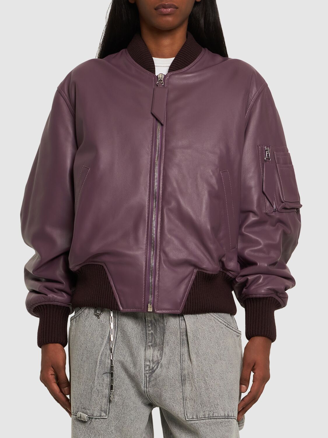 Shop Attico Anja Leather Bomber Jacket In Purple