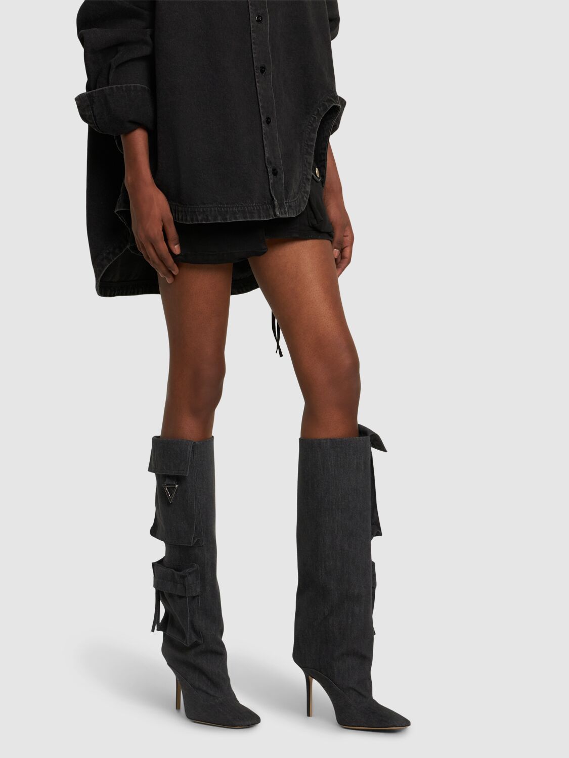 Shop Attico 105mm Sienna Denim Tall Boots In Dark Grey
