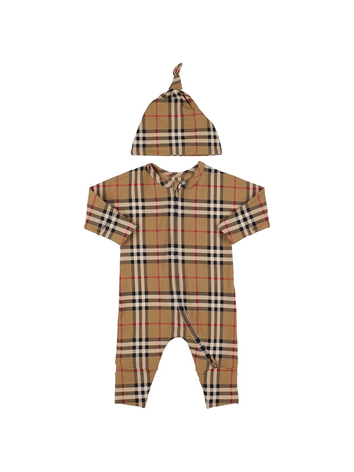 Burberry Babies' Check Print Cotton Blend Romper & Hat In Brown
