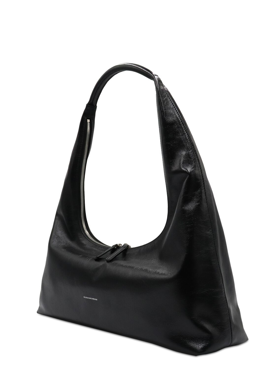 Shop Marge Sherwood Large Hobo Plain Leather Shoulder Bag In Black Glossy Pl