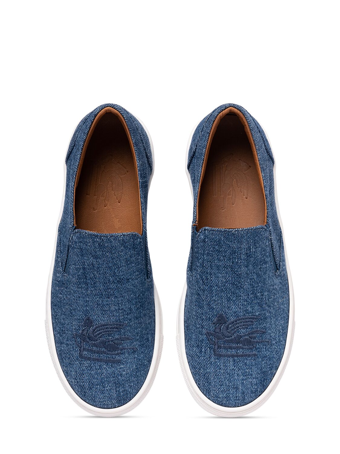 Shop Etro Embroidered Logo Denim Slip-on Shoes In Blue