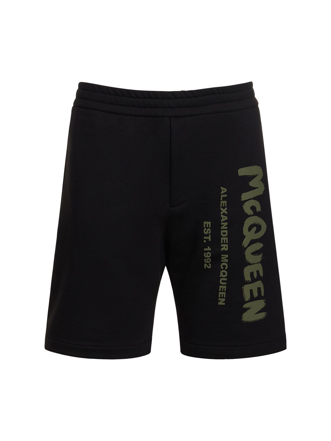 Shop Alexander Mcqueen Graffiti Logo Cotton Sweat Shorts In Black,khaki