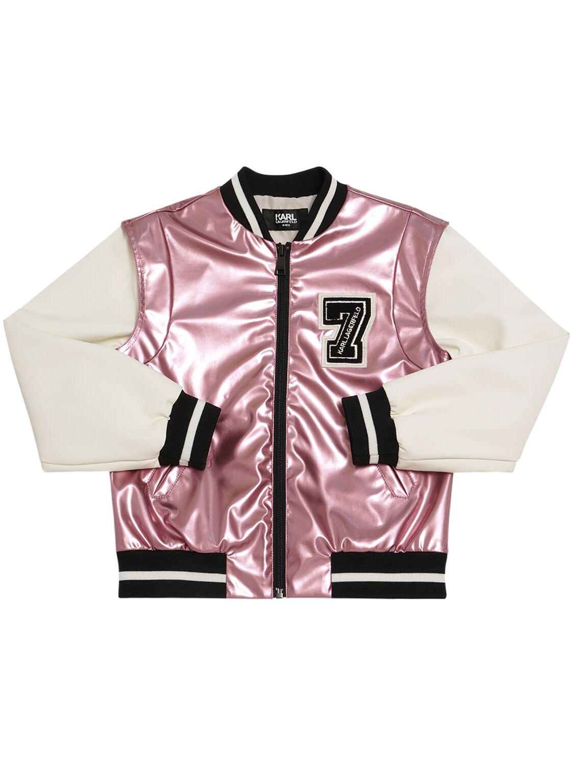 Karl Lagerfeld Kids' Faux Leather Bomber Jacket In Pink,beige