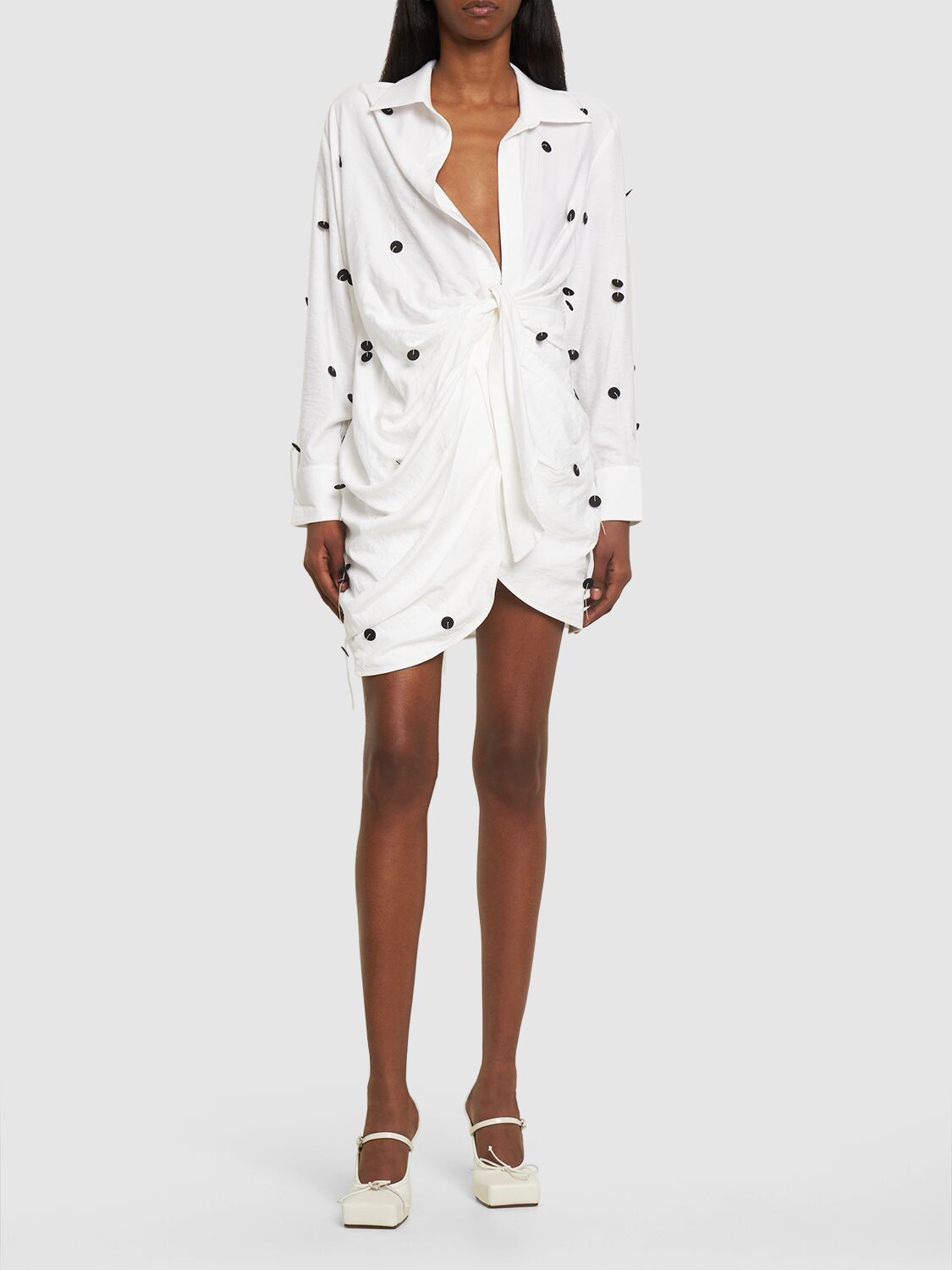 Jacquemus Bahia Brodée Twist-front Embellished Twill Mini Dress In White