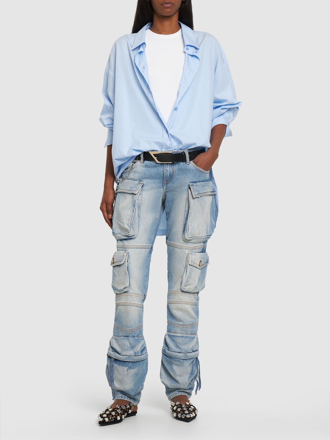 Shop Attico Essie Denim Low Waist Cargo Jeans In Light Blue