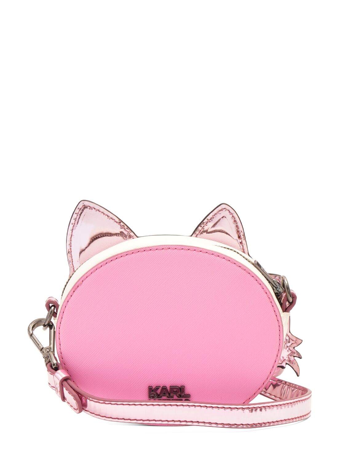 Shop Karl Lagerfeld Cat Shaped Coated Poly Shoulder Bag In Metallic Pink