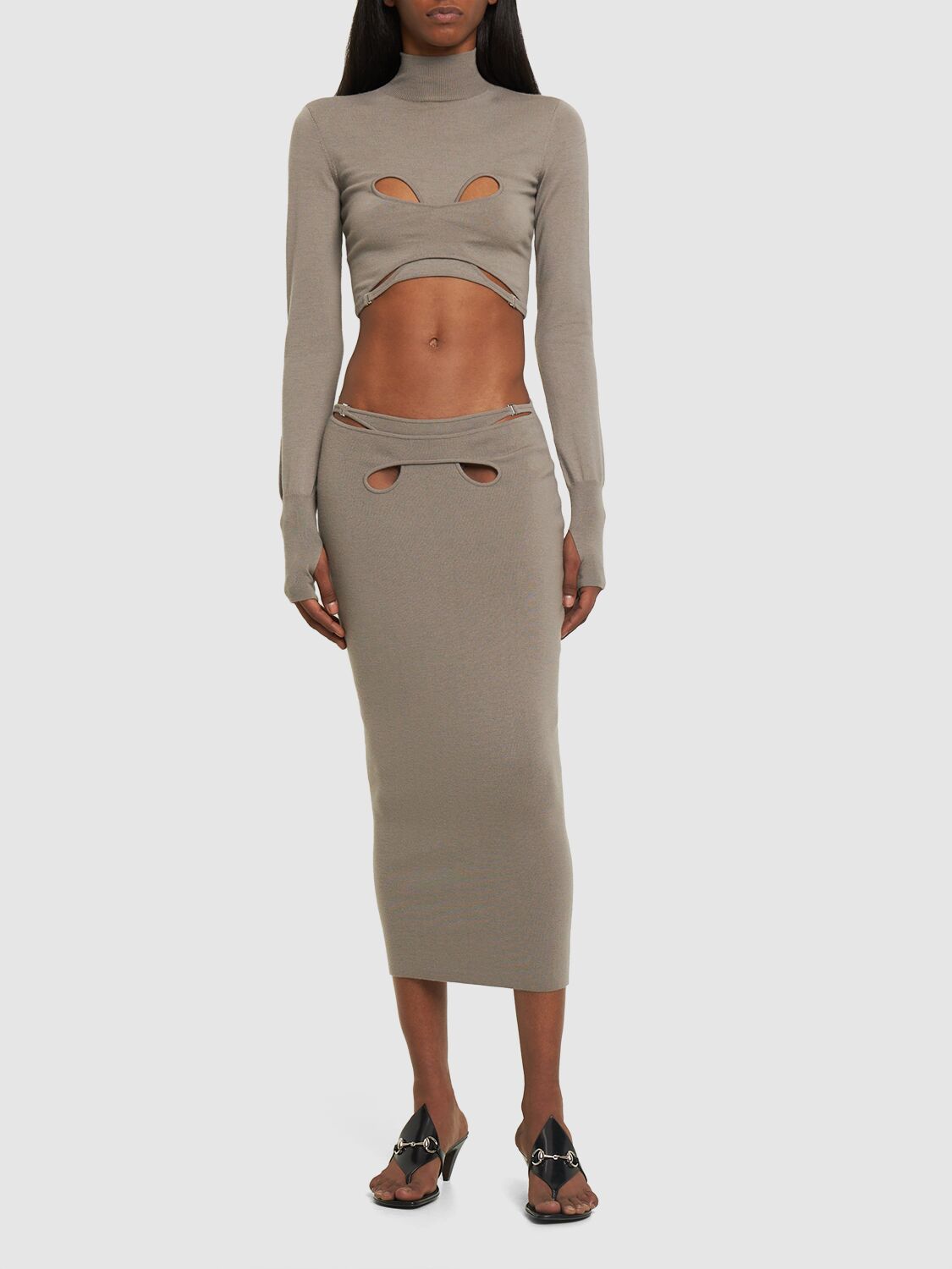 Shop Dion Lee Cutout Knit Turtleneck Cropped Top In Taupe Grey