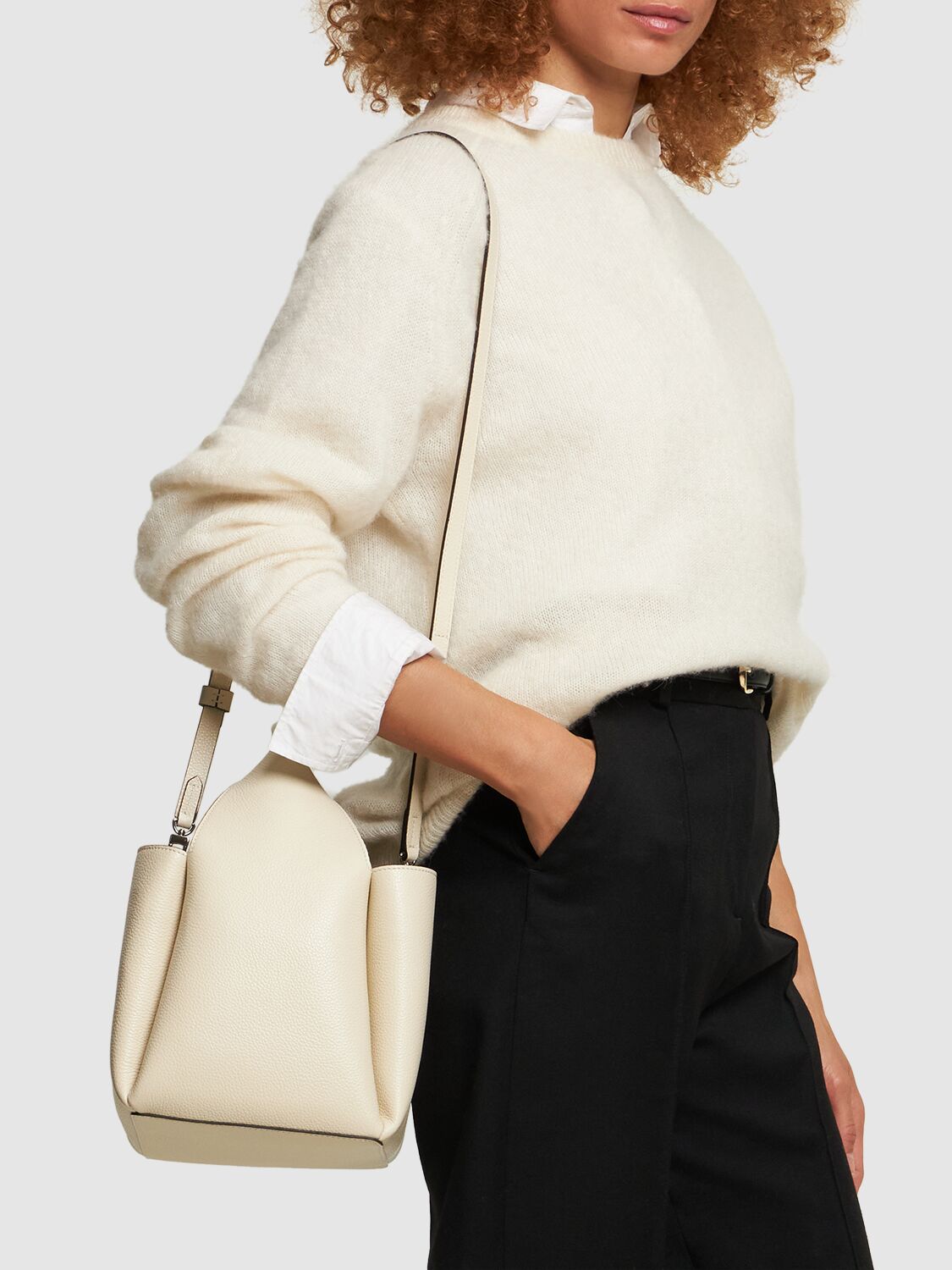 Shop Totême Bucket Pebble Grain Leather Bag In Milk