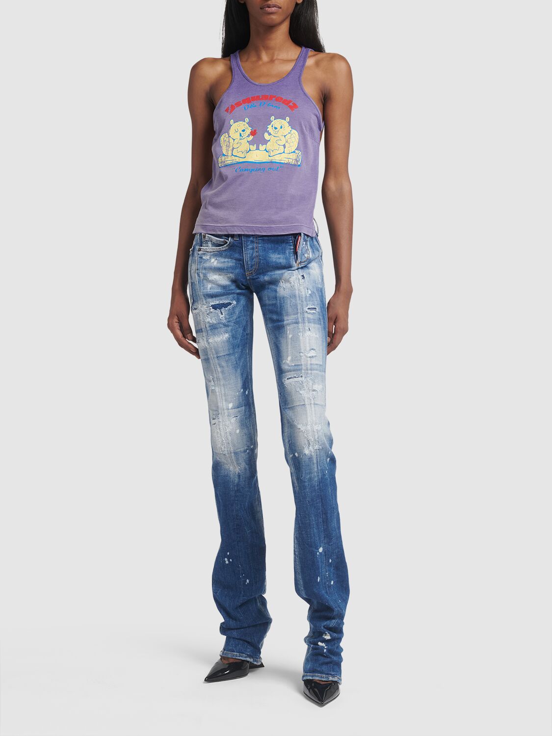 Shop Dsquared2 Printed Cotton Blend Open Back Tank Top In Purple