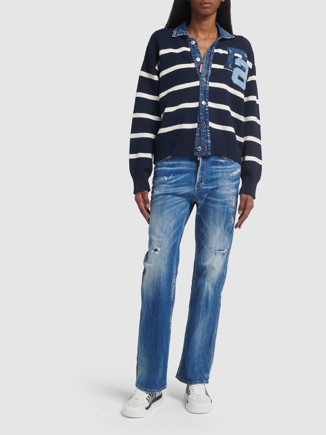Shop Dsquared2 Knit Cotton & Denim Cardigan In Navy,white
