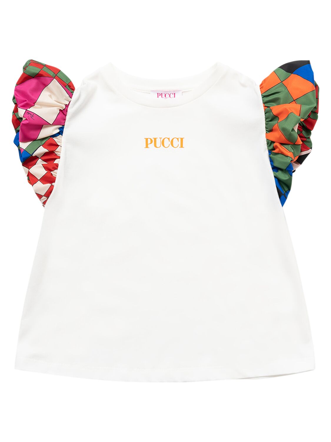 Pucci Kids' Cotton Jersey T-shirt W/printed Sleeves In Ivory