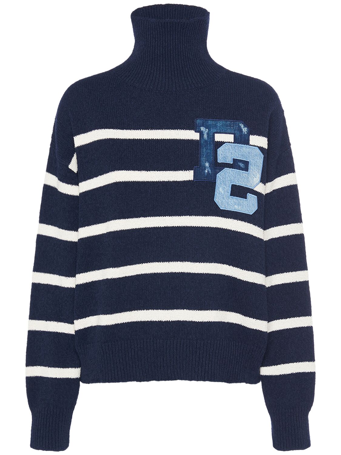 Dsquared2 Striped Cotton Bouclé Turtleneck Sweater In Navy,white