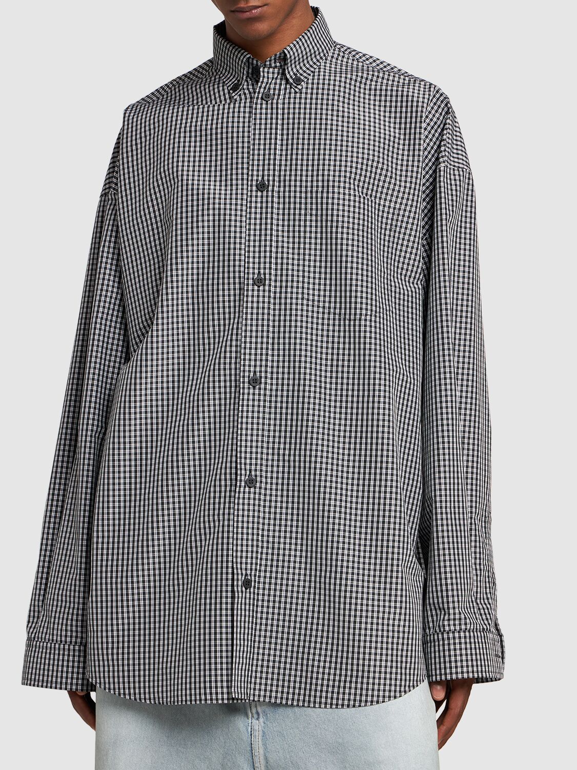 Shop Balenciaga Light Check Cotton Shirt In Navy,khaki