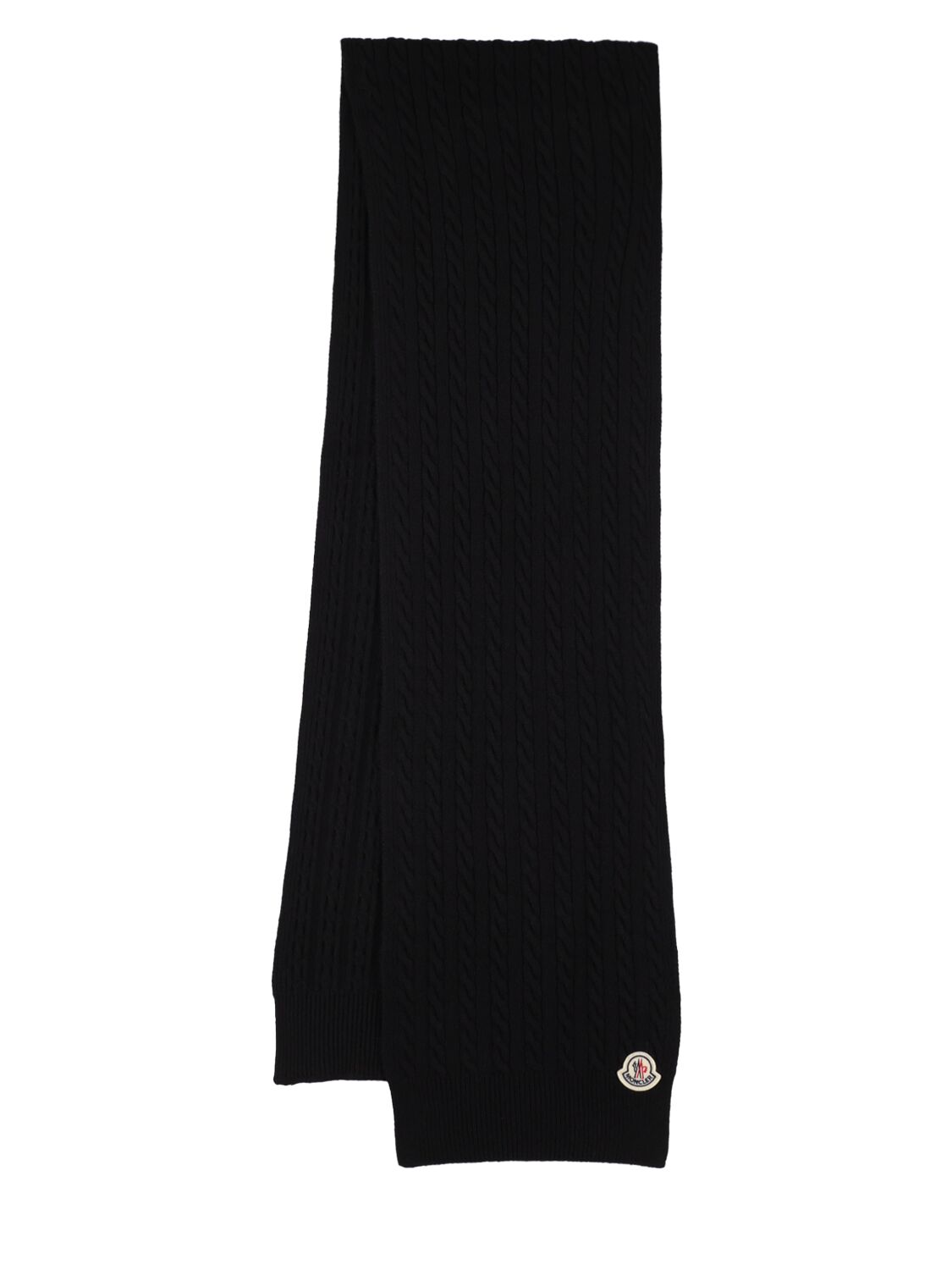 Moncler Logo-appliqué Ribbed-knit Wool Blend Scarf In Black