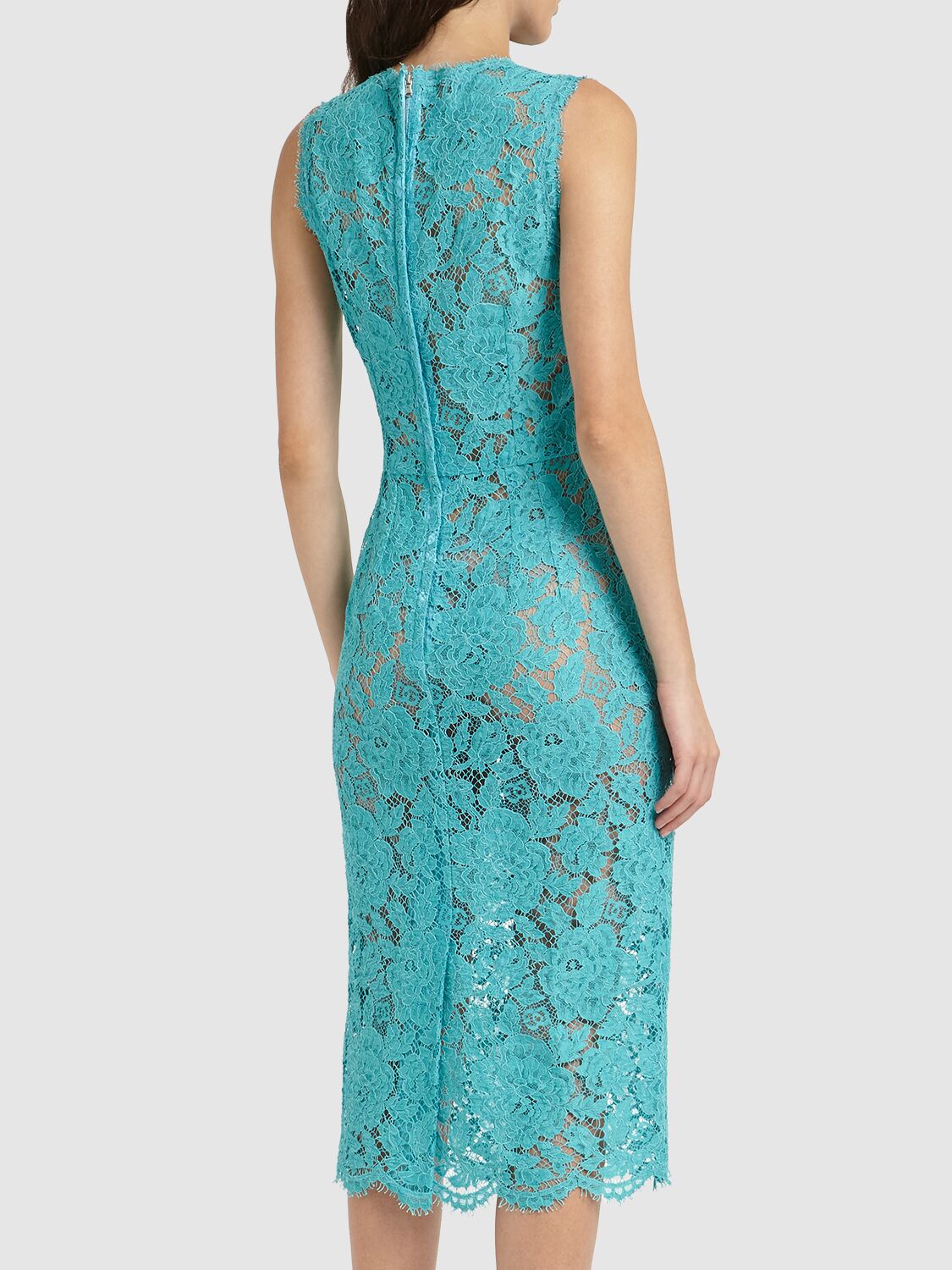 Shop Dolce & Gabbana Floral & Dg Stretch Lace Midi Dress In Turquoise