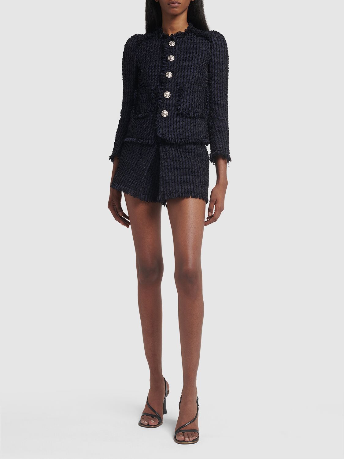 Shop Dsquared2 Tweed Bouclé High Rise Shorts In Black,navy