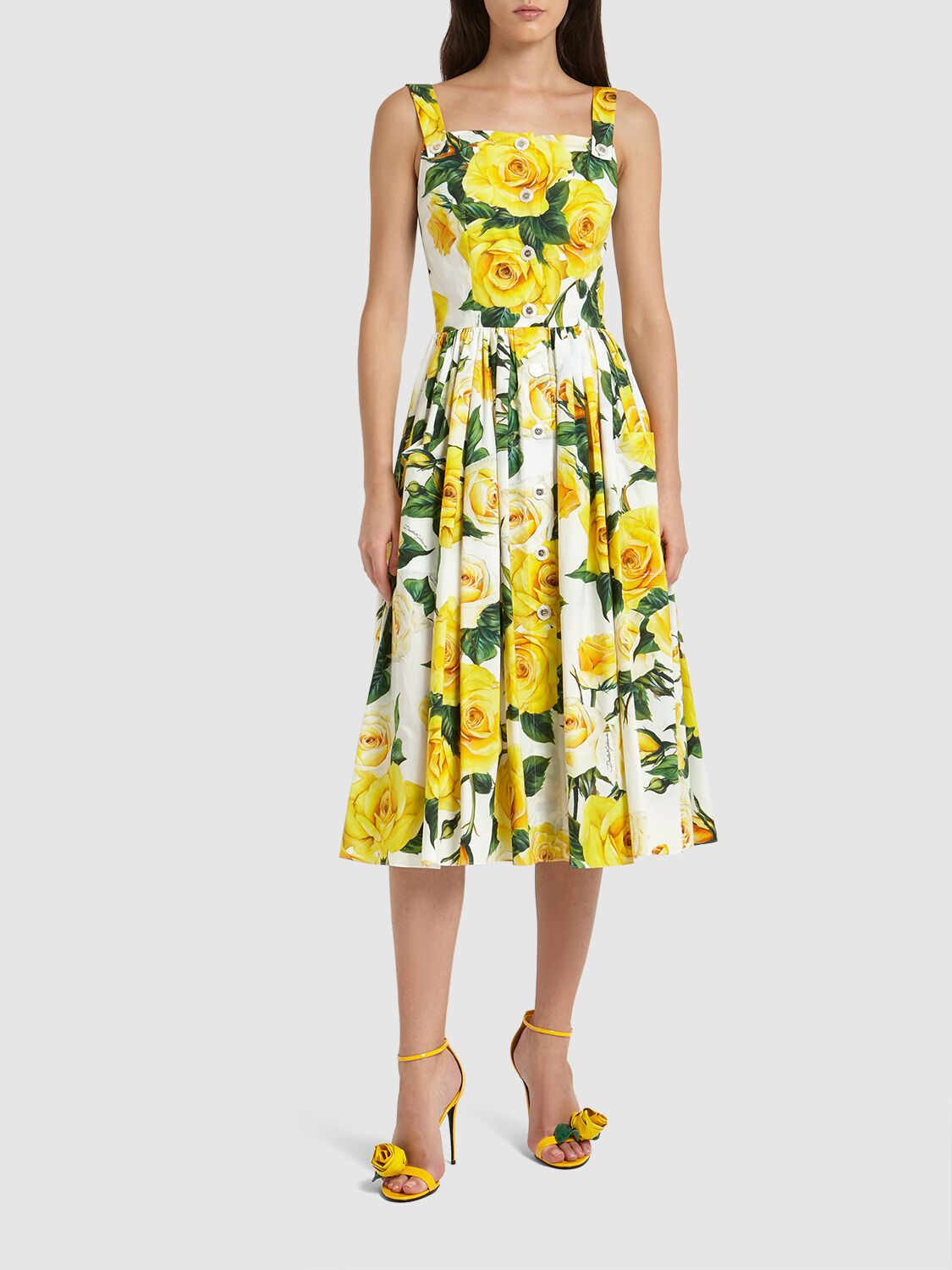 Shop Dolce & Gabbana Rose Print Cotton Poplin Midi Dress In Multicolor