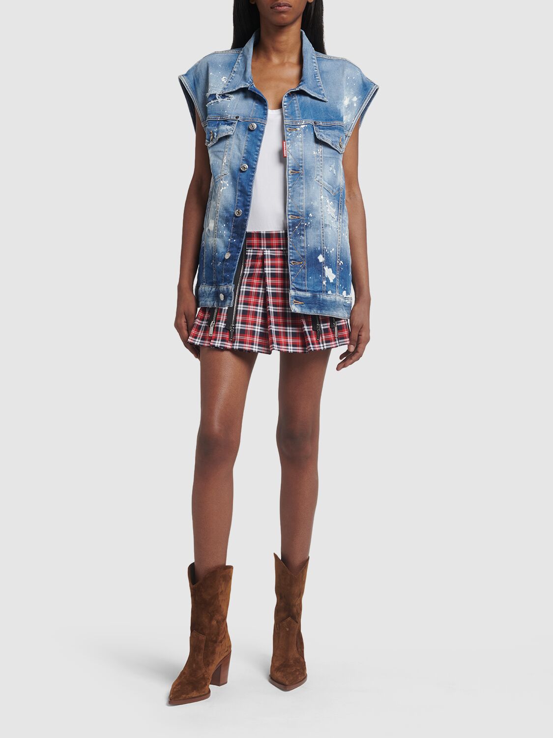 Shop Dsquared2 Plaid Cotton Mini Skirt W/ Zips In Multicolor