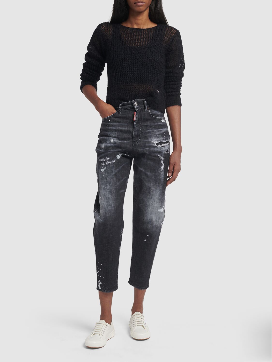 Shop Dsquared2 80s High Rise Distressed Cropped Jeans In Black
