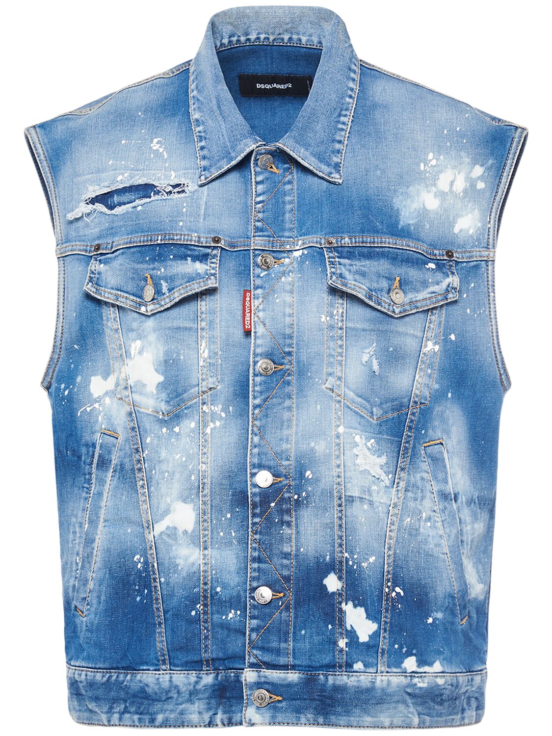 Dsquared2 Painted & Distressed Cotton Denim Waistcoat In Blue