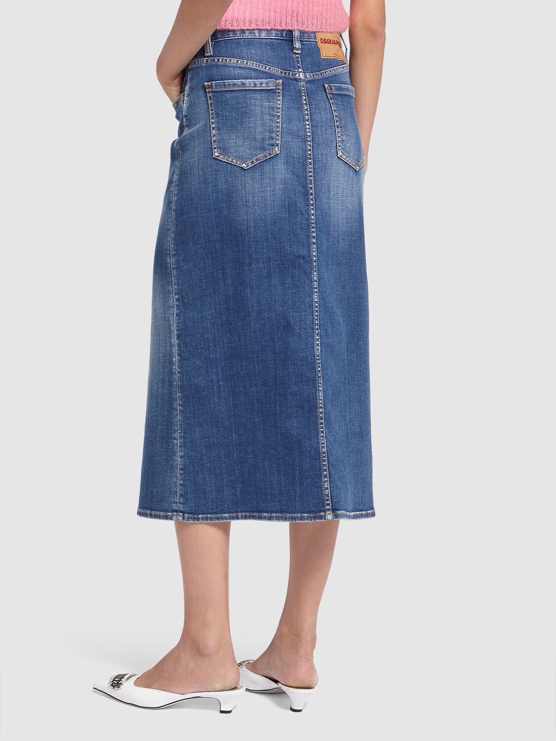 Shop Dsquared2 Denim Midrise Midi Skirt W/ Buttons In Blue