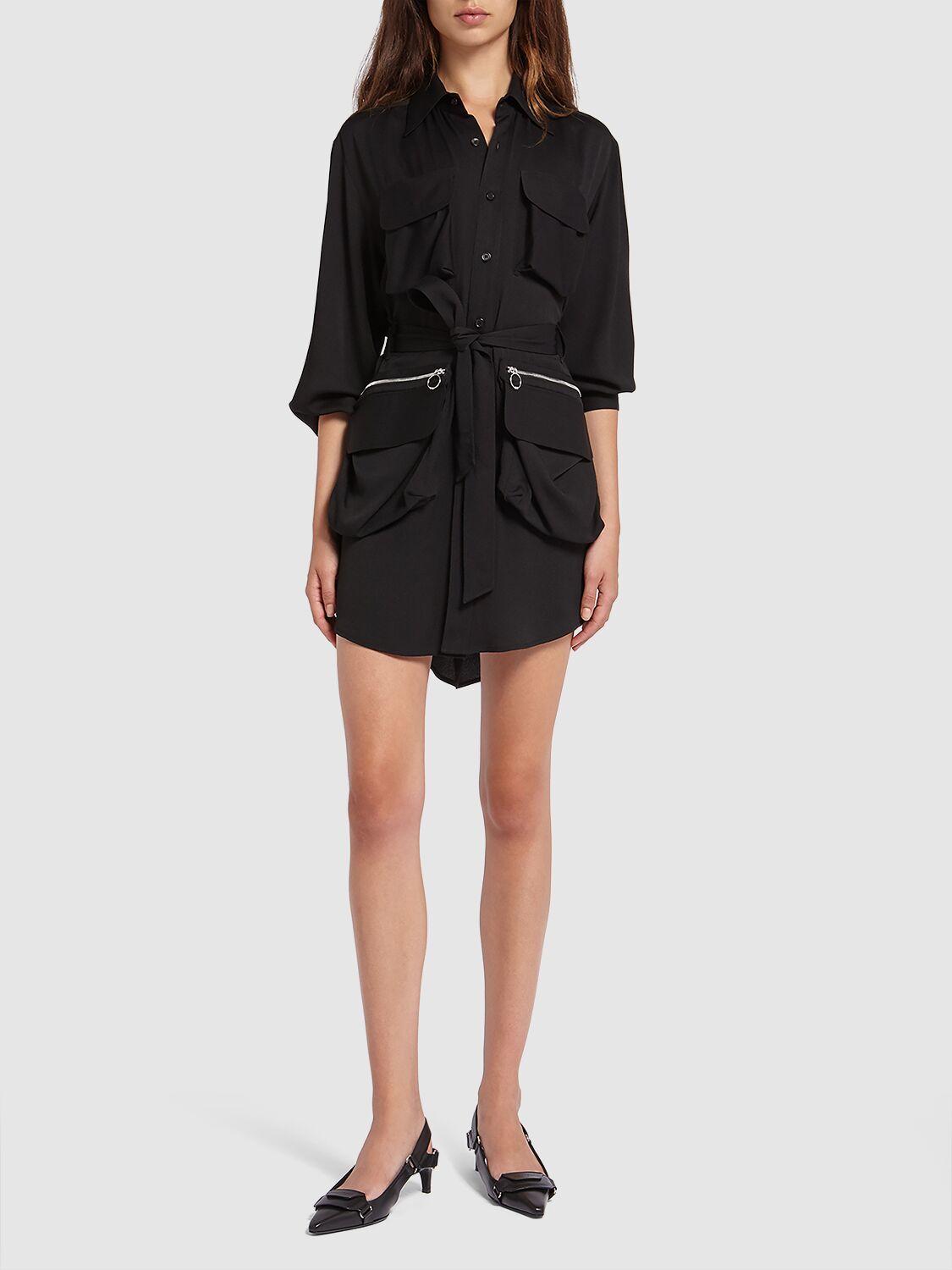 Shop Dsquared2 Satin Cargo Mini Shirt Dress W/ Belt In Black