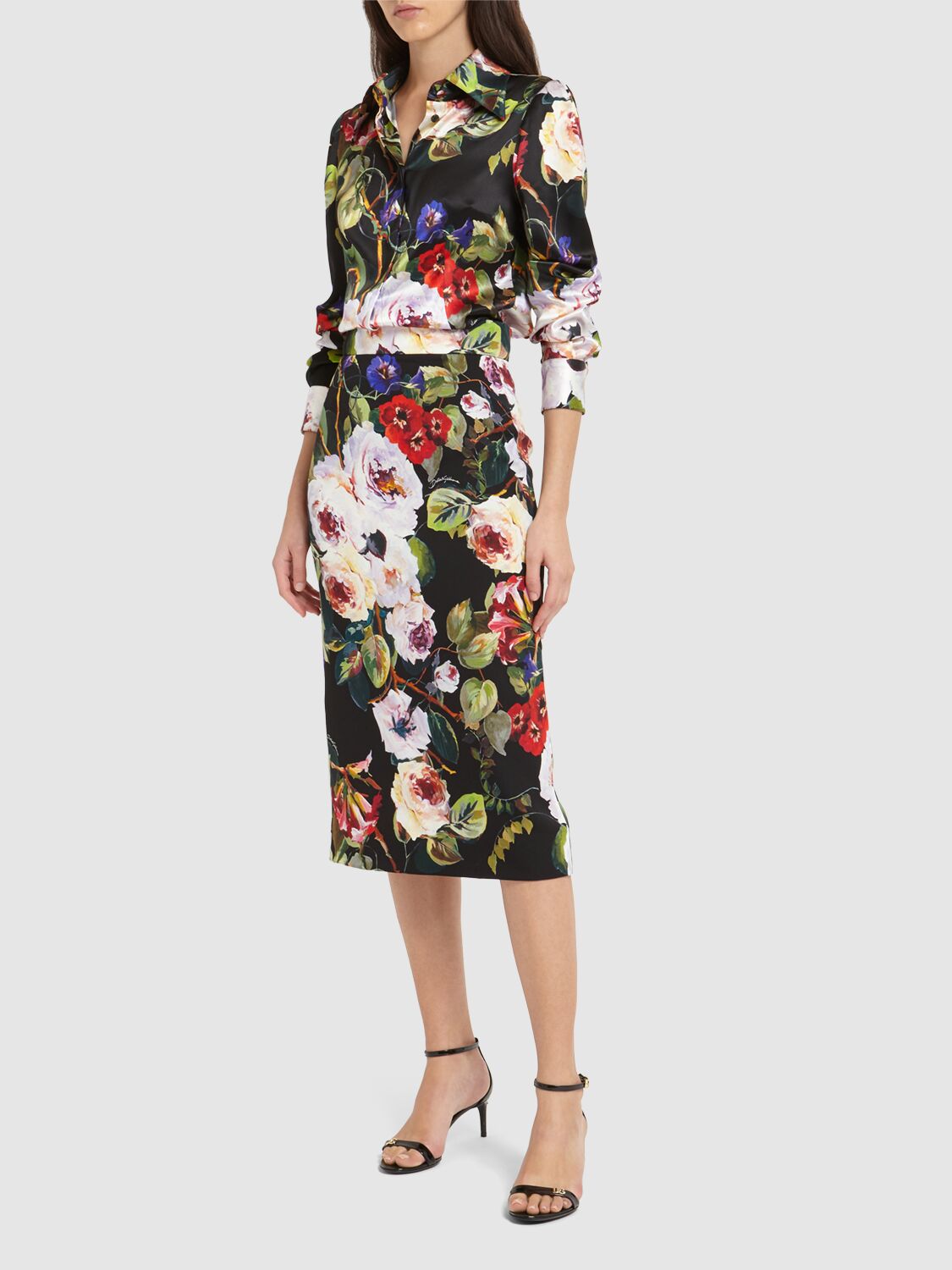 Shop Dolce & Gabbana Silk Blend Charmeuse Printed Midi Skirt In Multicolor