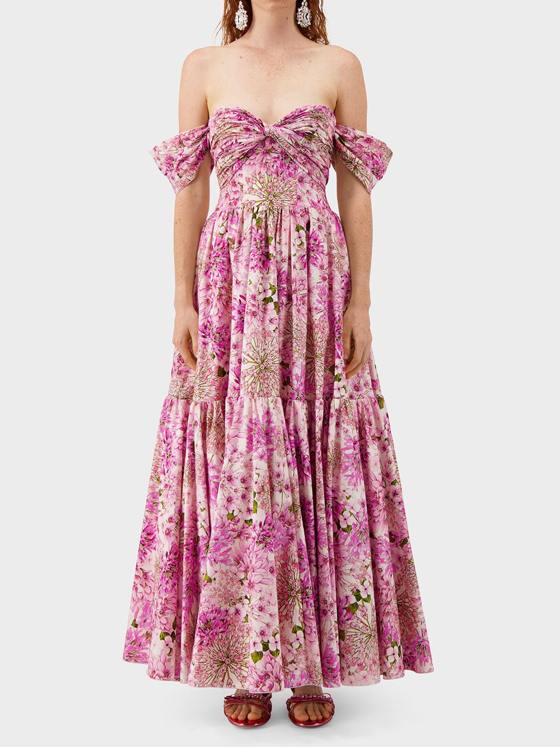 Shop Giambattista Valli Printed Poplin Draped Maxi Dress In Weiss,rosa