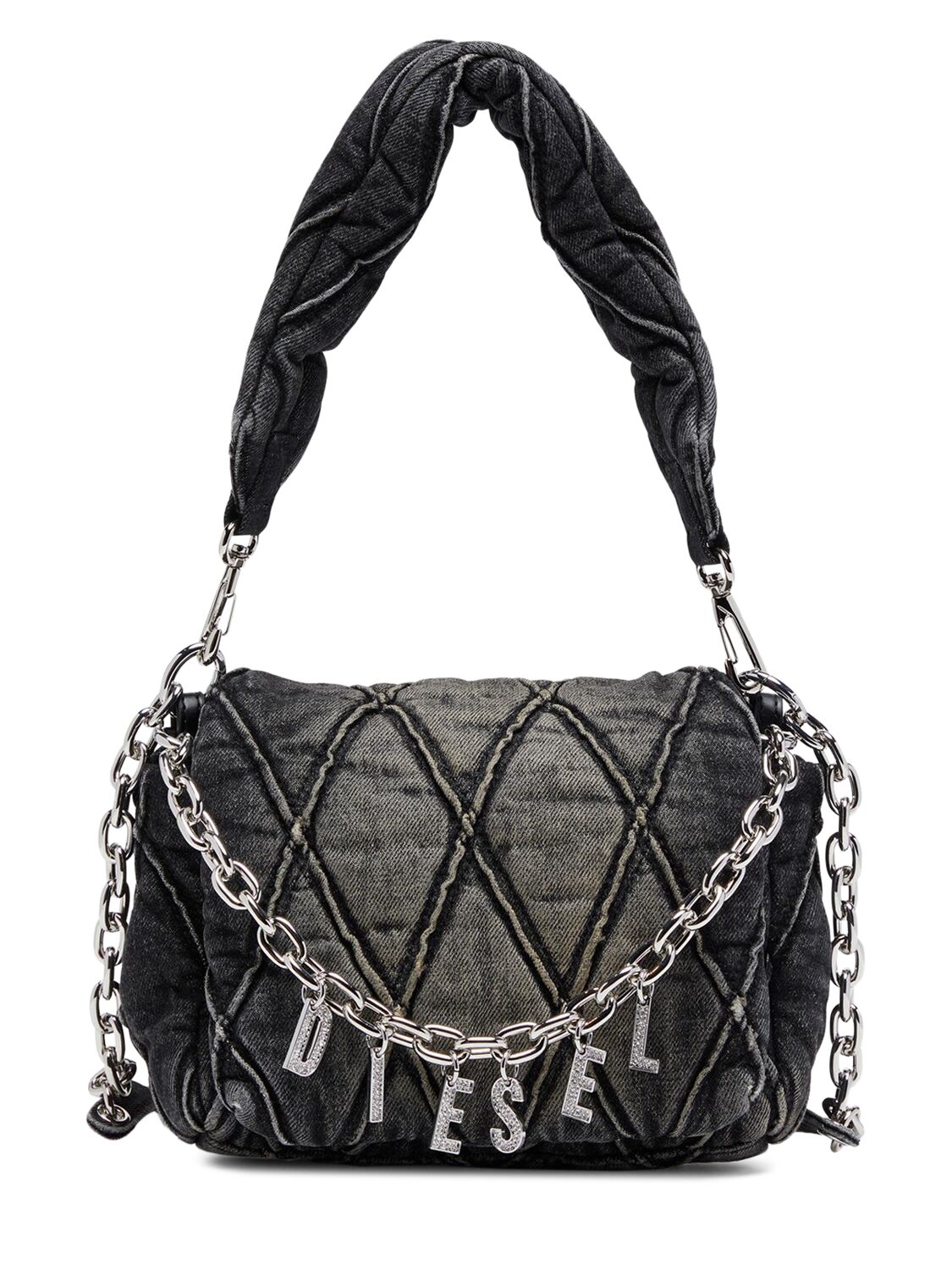 Diesel Small Charm Denim Shoulder Bag In Black