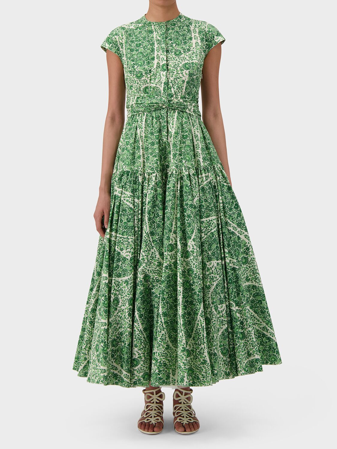 Shop Giambattista Valli Printed Cotton Poplin Draped Long Dress In Weiss,grün