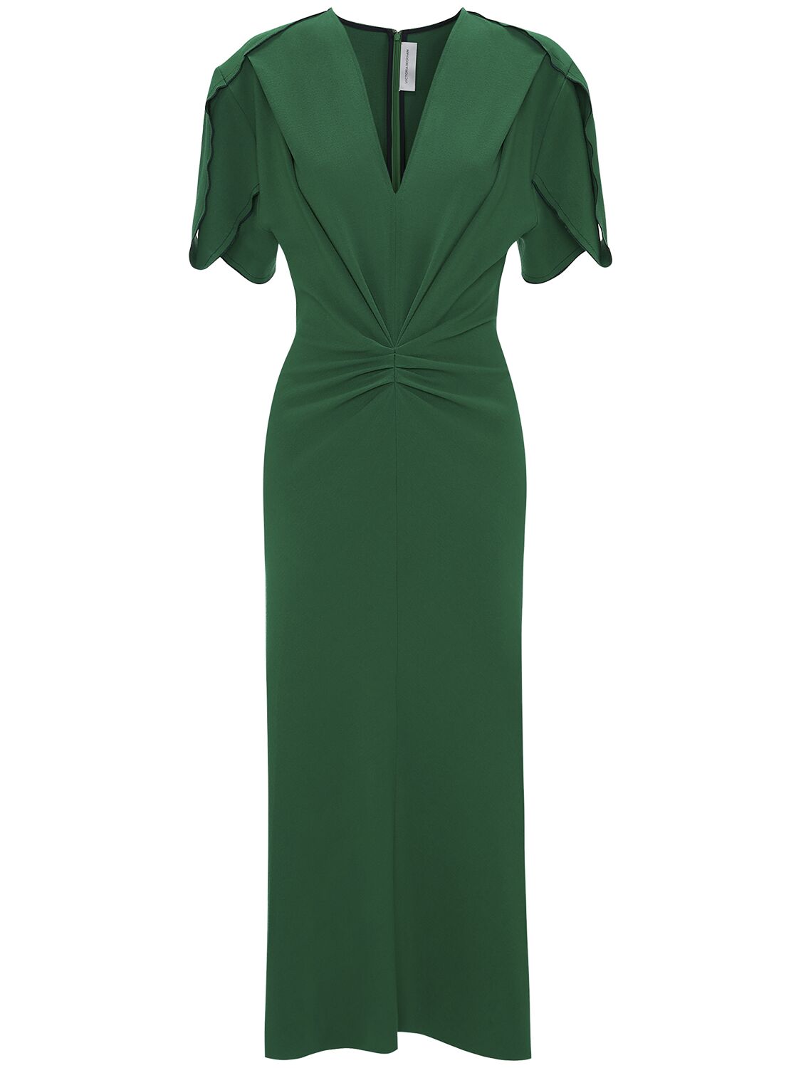 Shop Victoria Beckham Gathered Wool V-neck Midi Dress In Green