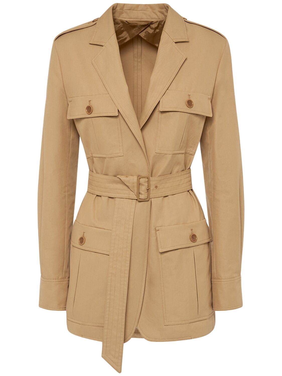 Shop Max Mara Pacos Belted Canvas Long Jacket In Beige